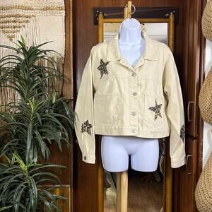 Versona Leopard Star Cropped Denim Jacket Large Beige Western Festival Applique